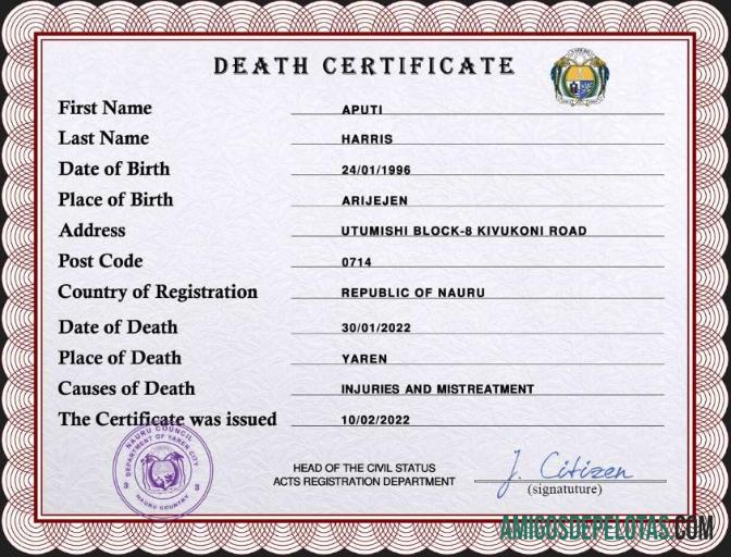 Em branco modelo PSD de certidão de óbito de registro vital de Nauru